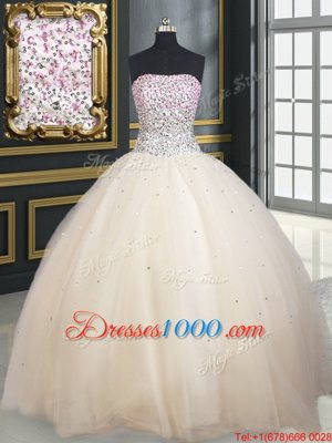 Luxury Sleeveless Floor Length Beading Lace Up Vestidos de Quinceanera with Champagne