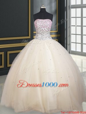 Luxury Sleeveless Floor Length Beading Lace Up Vestidos de Quinceanera with Champagne