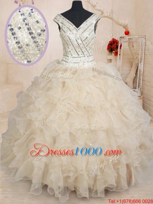 Sequins Floor Length Ball Gowns Cap Sleeves Champagne Quince Ball Gowns Zipper