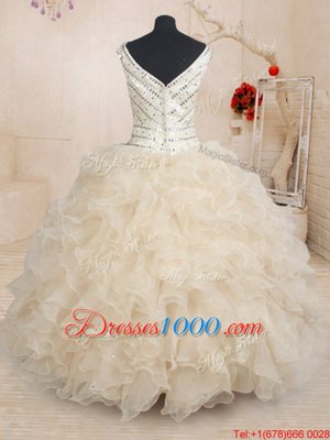 Sequins Floor Length Ball Gowns Cap Sleeves Champagne Quince Ball Gowns Zipper