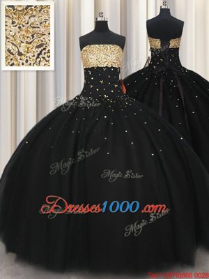 Deluxe Tulle Strapless Sleeveless Lace Up Beading Vestidos de Quinceanera in Black
