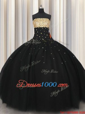 Deluxe Tulle Strapless Sleeveless Lace Up Beading Vestidos de Quinceanera in Black