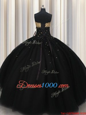 Deluxe Tulle Strapless Sleeveless Lace Up Beading Vestidos de Quinceanera in Black