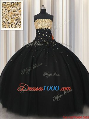 Deluxe Tulle Strapless Sleeveless Lace Up Beading Vestidos de Quinceanera in Black