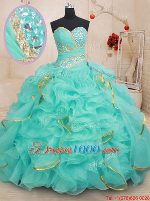 Organza Sweetheart Sleeveless Lace Up Beading and Ruffles and Sequins 15 Quinceanera Dress in Apple Green