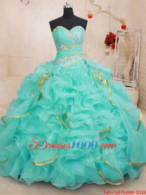 Organza Sweetheart Sleeveless Lace Up Beading and Ruffles and Sequins 15 Quinceanera Dress in Apple Green