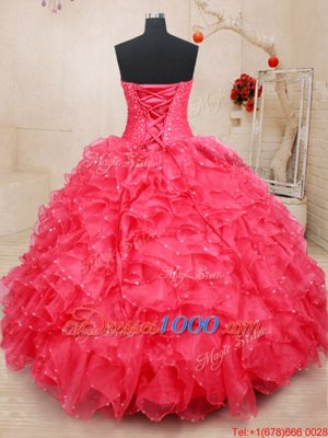 Great Sweetheart Sleeveless Ball Gown Prom Dress Floor Length Beading and Ruffles and Sequins and Hand Made Flower Coral Red Organza