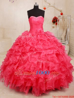 Great Sweetheart Sleeveless Ball Gown Prom Dress Floor Length Beading and Ruffles and Sequins and Hand Made Flower Coral Red Organza