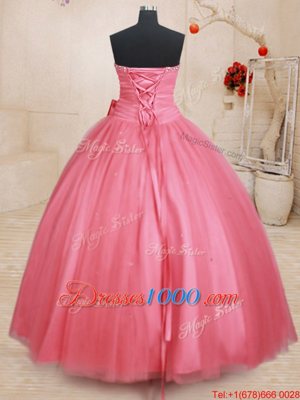 Delicate Tulle Sweetheart Sleeveless Lace Up Beading and Bowknot 15 Quinceanera Dress in Pink