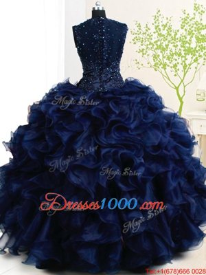 Most Popular Straps Straps Navy Blue Sleeveless Beading and Ruffles Floor Length Ball Gown Prom Dress