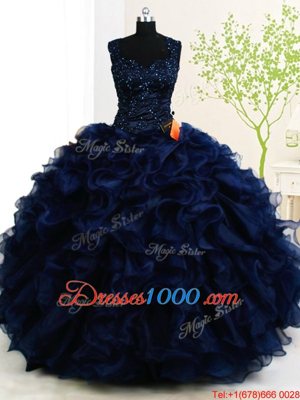 Most Popular Straps Straps Navy Blue Sleeveless Beading and Ruffles Floor Length Ball Gown Prom Dress