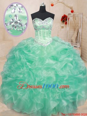 Nice Apple Green Ball Gowns Beading and Ruffles Quinceanera Dresses Lace Up Organza Sleeveless Floor Length