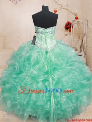 Nice Apple Green Ball Gowns Beading and Ruffles Quinceanera Dresses Lace Up Organza Sleeveless Floor Length