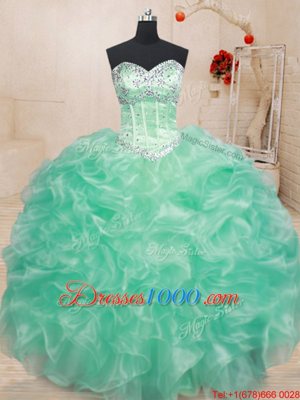 Nice Apple Green Ball Gowns Beading and Ruffles Quinceanera Dresses Lace Up Organza Sleeveless Floor Length