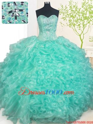 Hot Sale Sweetheart Sleeveless Lace Up Quinceanera Dress Turquoise Organza