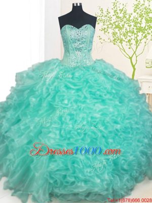 Hot Sale Sweetheart Sleeveless Lace Up Quinceanera Dress Turquoise Organza