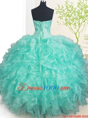 Hot Sale Sweetheart Sleeveless Lace Up Quinceanera Dress Turquoise Organza