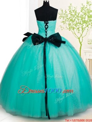 Wonderful Turquoise Tulle Lace Up Sweetheart Sleeveless Floor Length Quinceanera Gown Beading and Bowknot