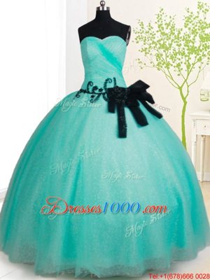 Wonderful Turquoise Tulle Lace Up Sweetheart Sleeveless Floor Length Quinceanera Gown Beading and Bowknot