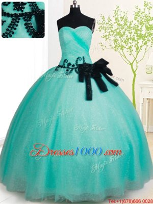 Wonderful Turquoise Tulle Lace Up Sweetheart Sleeveless Floor Length Quinceanera Gown Beading and Bowknot