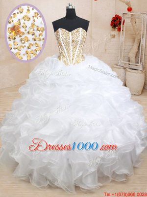 Designer White Lace Up Quinceanera Gown Beading and Ruffles Sleeveless Floor Length