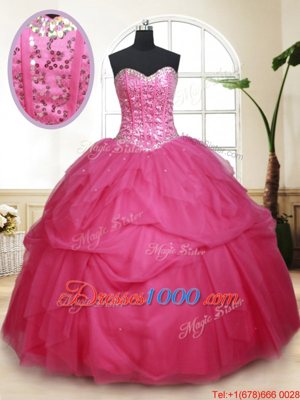 Fine Sequins Hot Pink Sleeveless Tulle Lace Up Quinceanera Gown for Military Ball and Sweet 16 and Quinceanera