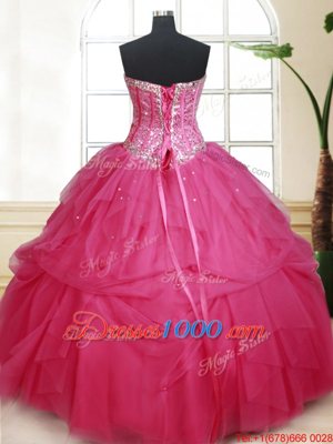 Fine Sequins Hot Pink Sleeveless Tulle Lace Up Quinceanera Gown for Military Ball and Sweet 16 and Quinceanera