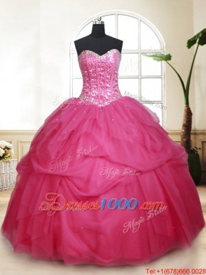 Fine Sequins Hot Pink Sleeveless Tulle Lace Up Quinceanera Gown for Military Ball and Sweet 16 and Quinceanera