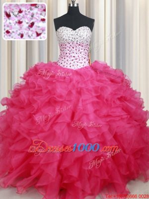 Fantastic Hot Pink Ball Gowns Organza Sweetheart Sleeveless Beading and Ruffles Floor Length Lace Up Sweet 16 Quinceanera Dress