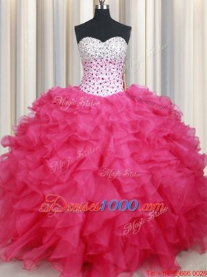 Fantastic Hot Pink Ball Gowns Organza Sweetheart Sleeveless Beading and Ruffles Floor Length Lace Up Sweet 16 Quinceanera Dress