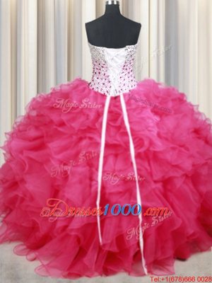 Fantastic Hot Pink Ball Gowns Organza Sweetheart Sleeveless Beading and Ruffles Floor Length Lace Up Sweet 16 Quinceanera Dress