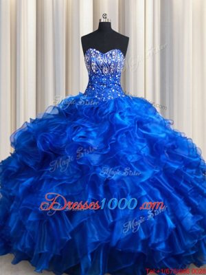 Luxurious Royal Blue Sweet 16 Dresses Military Ball and Sweet 16 and Quinceanera and For with Beading and Ruffles Sweetheart Sleeveless Brush Train Lace Up