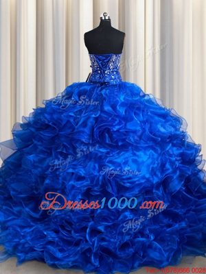 Luxurious Royal Blue Sweet 16 Dresses Military Ball and Sweet 16 and Quinceanera and For with Beading and Ruffles Sweetheart Sleeveless Brush Train Lace Up