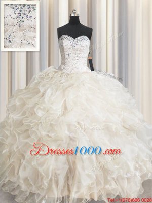 Custom Design Ball Gowns Sweet 16 Dresses Champagne Sweetheart Organza Sleeveless Floor Length Lace Up