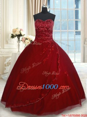 Wine Red Sleeveless Tulle Lace Up Sweet 16 Dress for Military Ball and Sweet 16 and Quinceanera