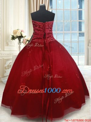 Wine Red Sleeveless Tulle Lace Up Sweet 16 Dress for Military Ball and Sweet 16 and Quinceanera