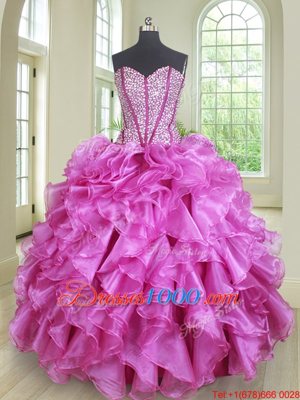 Sleeveless Organza Floor Length Lace Up Vestidos de Quinceanera in Lilac for with Beading and Ruffles