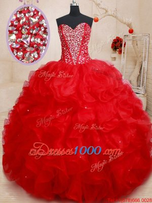 Great Red Ball Gowns Organza Sweetheart Sleeveless Beading and Ruffles Floor Length Lace Up Quinceanera Dress