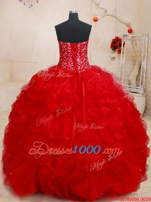 Great Red Ball Gowns Organza Sweetheart Sleeveless Beading and Ruffles Floor Length Lace Up Quinceanera Dress