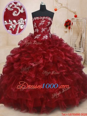 Ruffled Burgundy Sleeveless Organza Lace Up Quinceanera Gown for Military Ball and Sweet 16 and Quinceanera