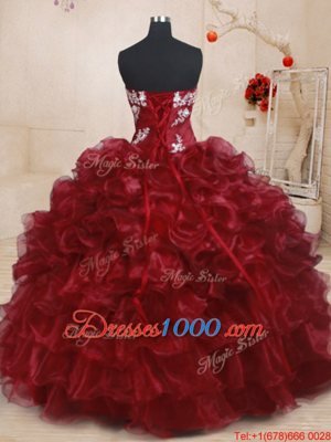 Ruffled Burgundy Sleeveless Organza Lace Up Quinceanera Gown for Military Ball and Sweet 16 and Quinceanera