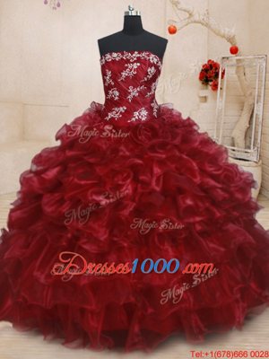 Ruffled Burgundy Sleeveless Organza Lace Up Quinceanera Gown for Military Ball and Sweet 16 and Quinceanera