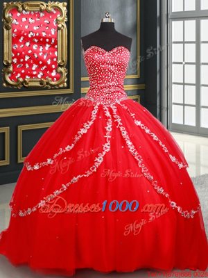Beautiful Red Sleeveless Tulle Lace Up 15 Quinceanera Dress for Military Ball and Sweet 16 and Quinceanera