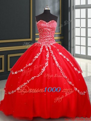 Beautiful Red Sleeveless Tulle Lace Up 15 Quinceanera Dress for Military Ball and Sweet 16 and Quinceanera