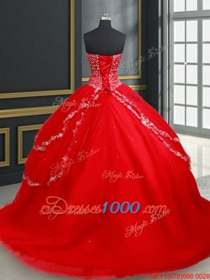 Beautiful Red Sleeveless Tulle Lace Up 15 Quinceanera Dress for Military Ball and Sweet 16 and Quinceanera