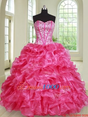 Hot Pink Ball Gowns Beading and Ruffles 15th Birthday Dress Lace Up Organza Sleeveless Floor Length