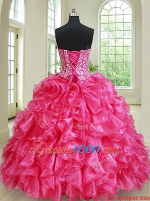 Hot Pink Ball Gowns Beading and Ruffles 15th Birthday Dress Lace Up Organza Sleeveless Floor Length