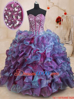 Multi-color Lace Up 15 Quinceanera Dress Ruffles and Sequins Sleeveless Floor Length
