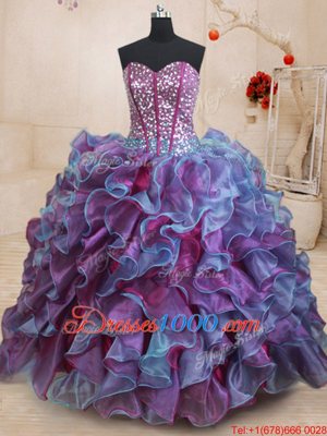 Multi-color Lace Up 15 Quinceanera Dress Ruffles and Sequins Sleeveless Floor Length
