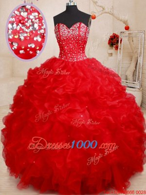 Sleeveless Organza Floor Length Lace Up Vestidos de Quinceanera in Red for with Beading and Ruffles